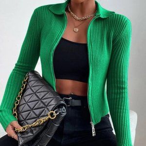 Green Zip up Front Knit Sweater Cardigan